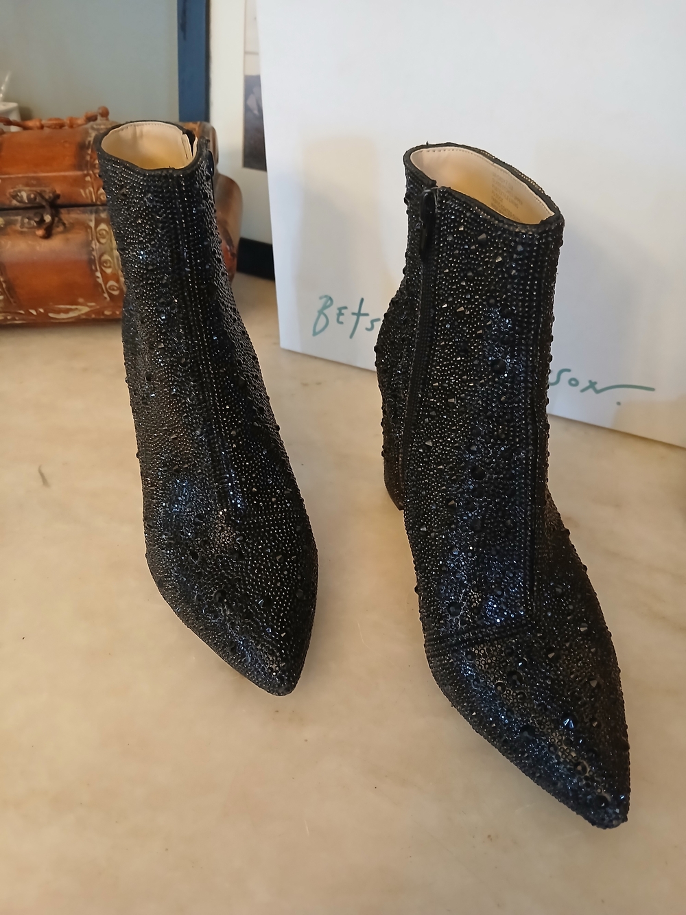 Betsey Johnson "Cady" Midnight Black Glass Encrusted Jems Boots 7.5
